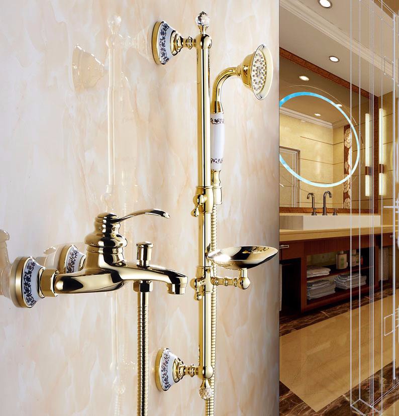 Sassari Wall Mounted Golden Brass Shower Set With Soap Dish
